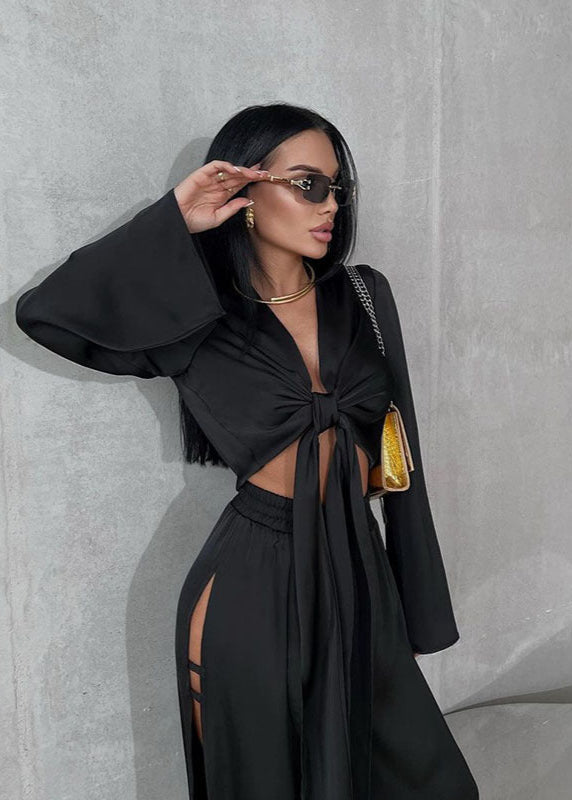 Noir Seduction - Satin Two-Piece Slit Set