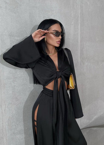 Noir Seduction - Satin Two-Piece Slit Set