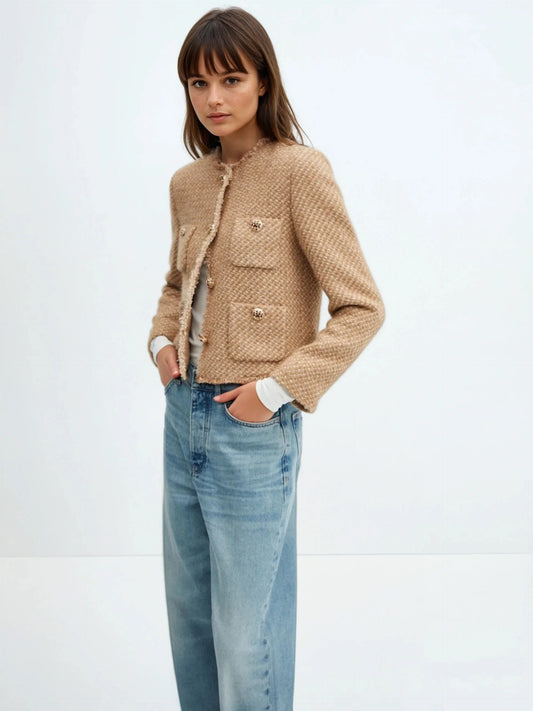 Round Neck Single-breasted Tweed Cardigan