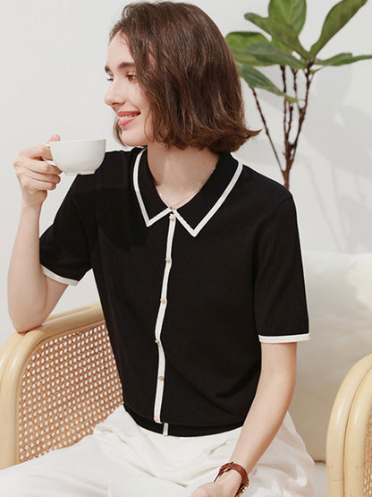 Ava Classic Contrast Lapel Knitted Top-White