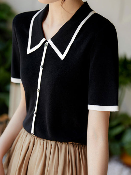 Ava Classic Contrast Lapel Knitted Top