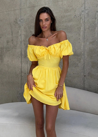 Off-Shoulder Puff Sleeve Mini Dress – Feminine & Flirty