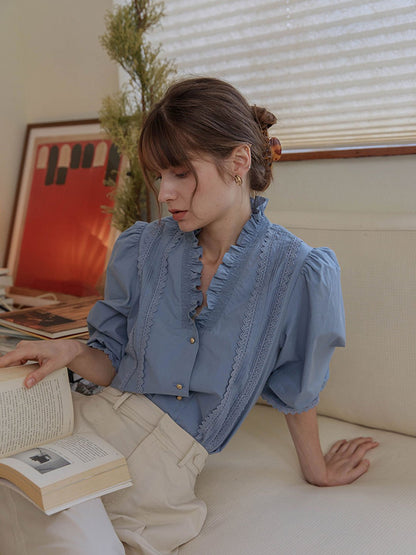 Cara V-neck Retro Lantern Sleeve Lace Blouse-Blue
