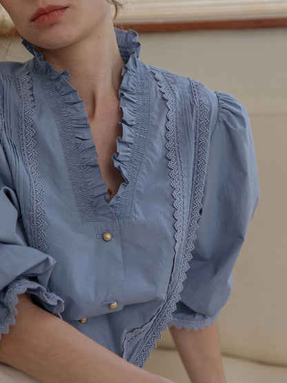 Cara V-neck Retro Lantern Sleeve Lace Blouse-Blue