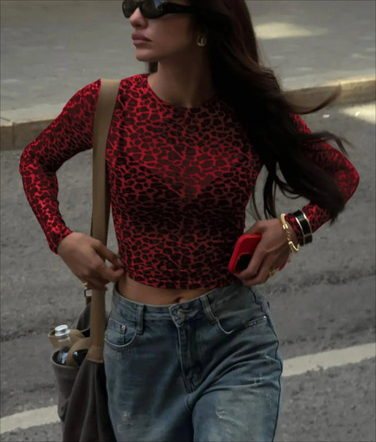 Sexy Leopard Mesh Crop Sheer Top