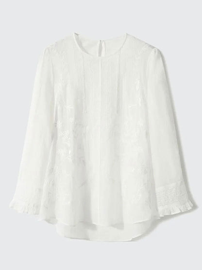 Claire Retro Crew Neck Solid Color Embroidered Hollowed Top