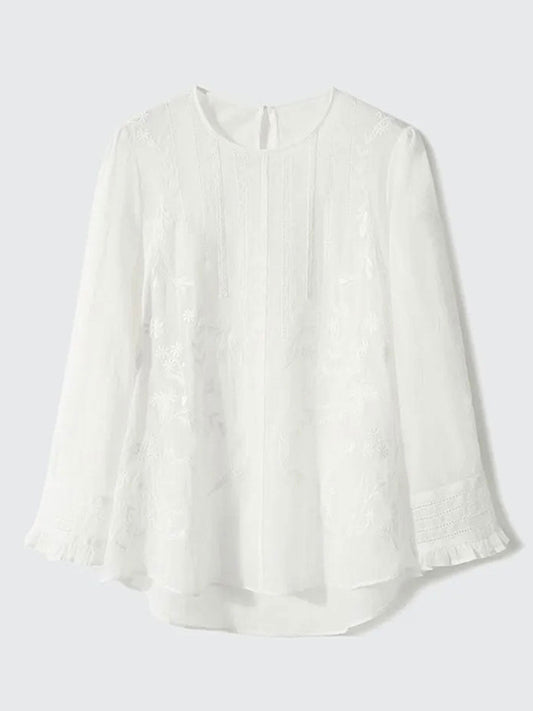 Claire Retro Crew Neck Solid Color Embroidered Hollowed Top