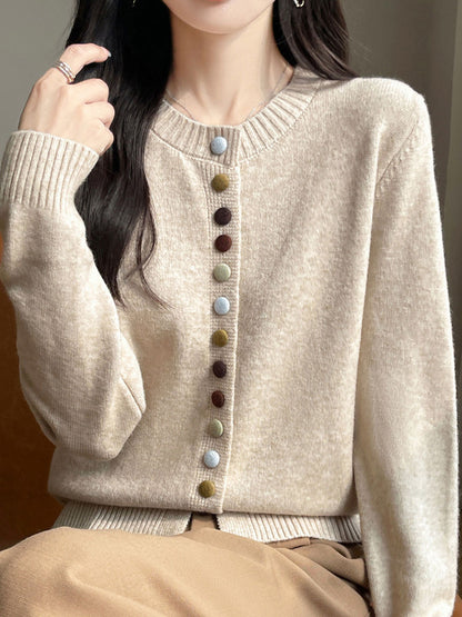 Sophia Classic Crew Neck Colorful Button Knitted Cardigan-Red