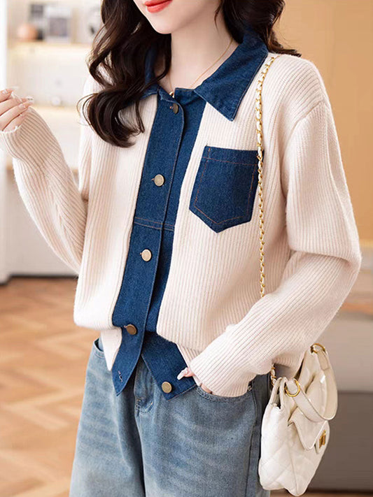 Eva Casual Lapel Patchwork Knitted Cardigan-Navy Blue