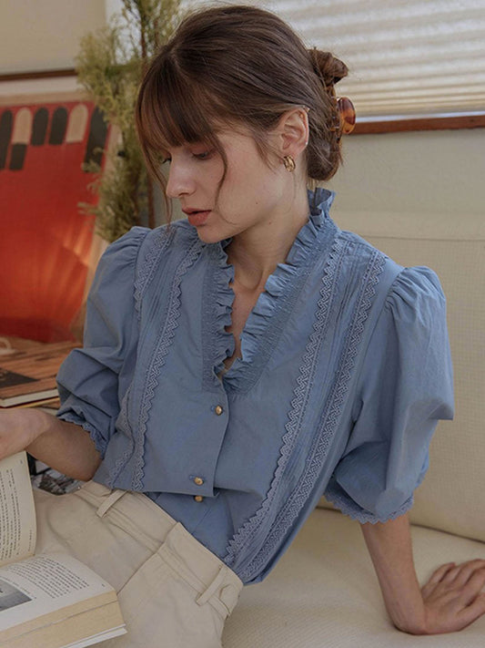 Cara V-neck Retro Lantern Sleeve Lace Blouse-Blue