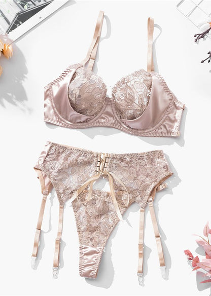 Moira - Powder Beige Lace-Up Garter Lingerie Set