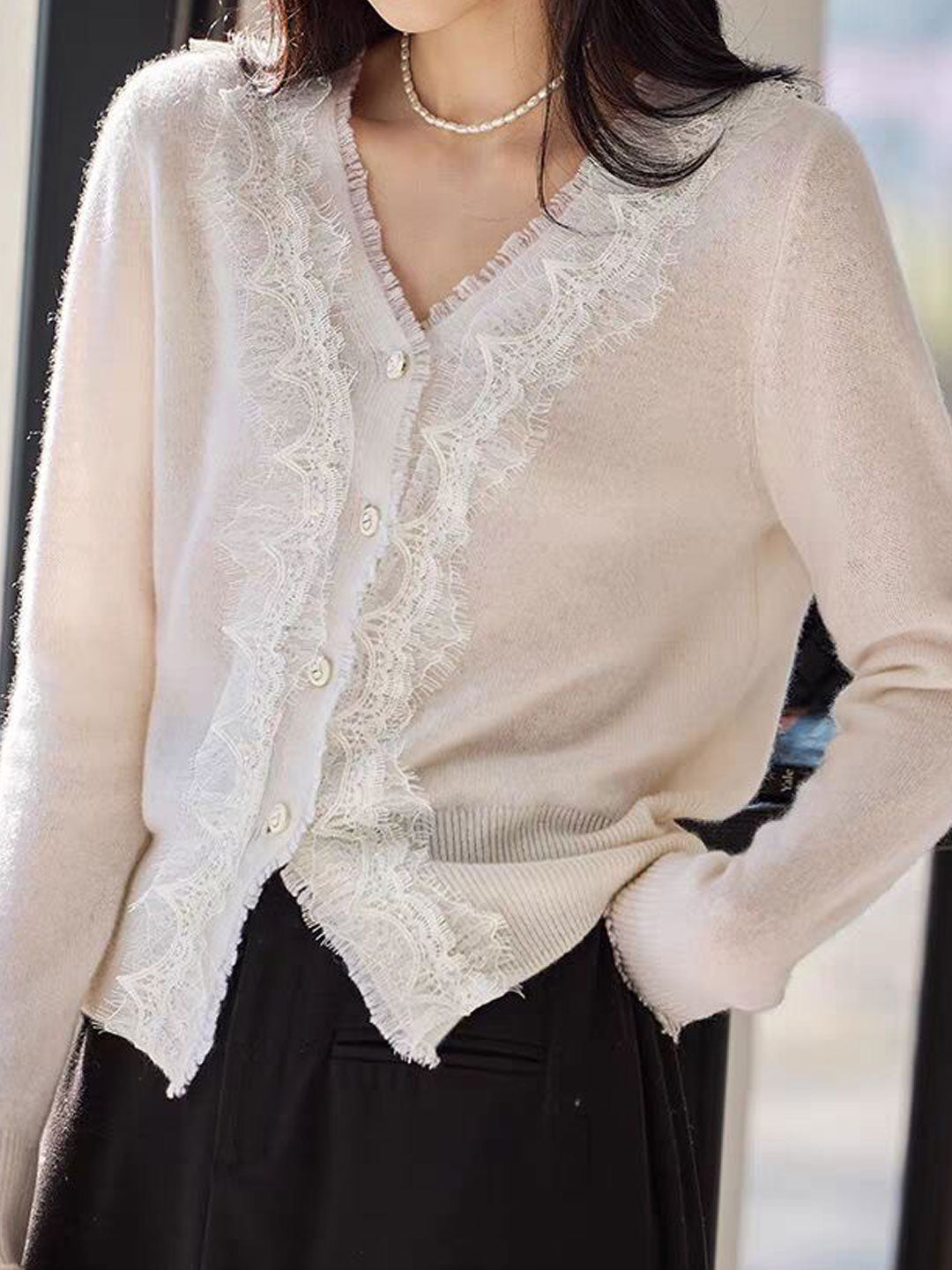 Emma Elegant V-Neck Lace Knitted Cardigan