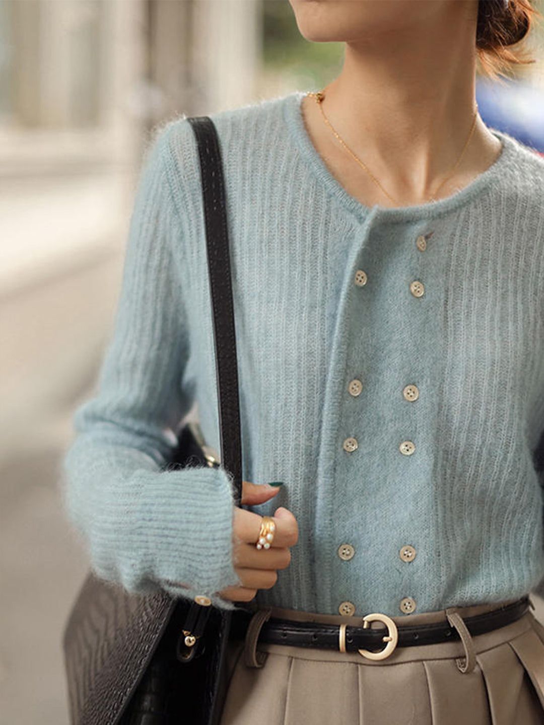 Alena French Style  Double-breasted Knitted Cardigan-Beige