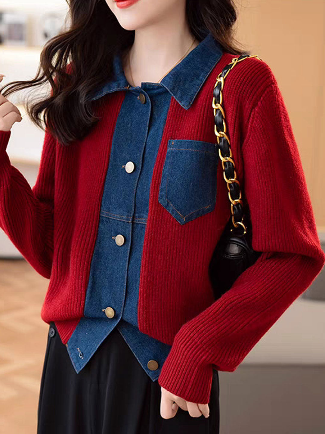 Eva Casual Lapel Patchwork Knitted Cardigan-Navy Blue