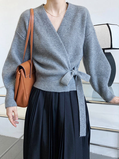 Emily Retro V-neck Knitted Cardigan-Gray