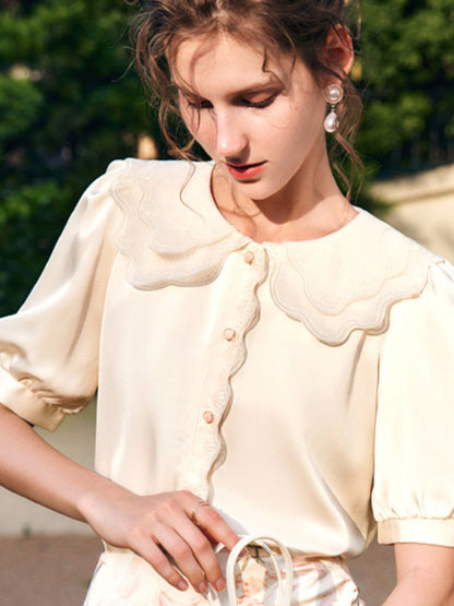 Samantha French Doll Collar Puff Sleeve Satin Shirt