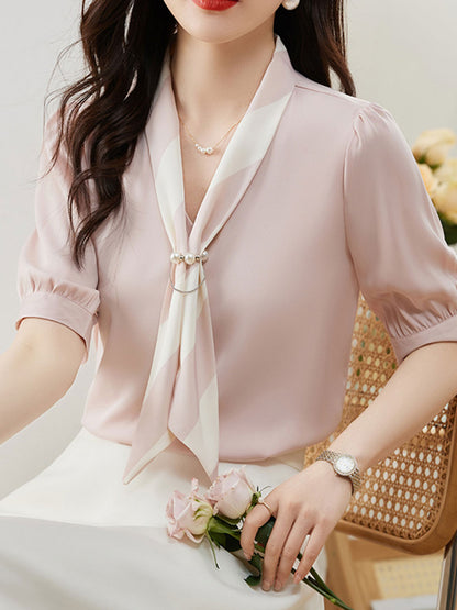 Mya Casual Loose Bow Satin Panelled Shirt-Apricot