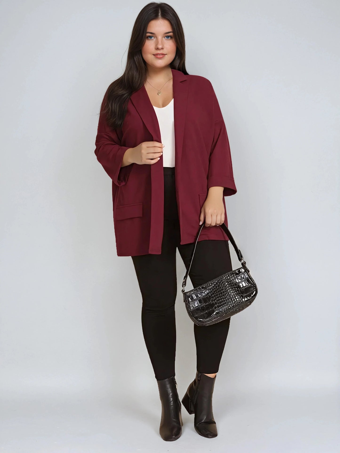 Plus Size Black Drop Shoulder Blazer With Cuffed Sleeves