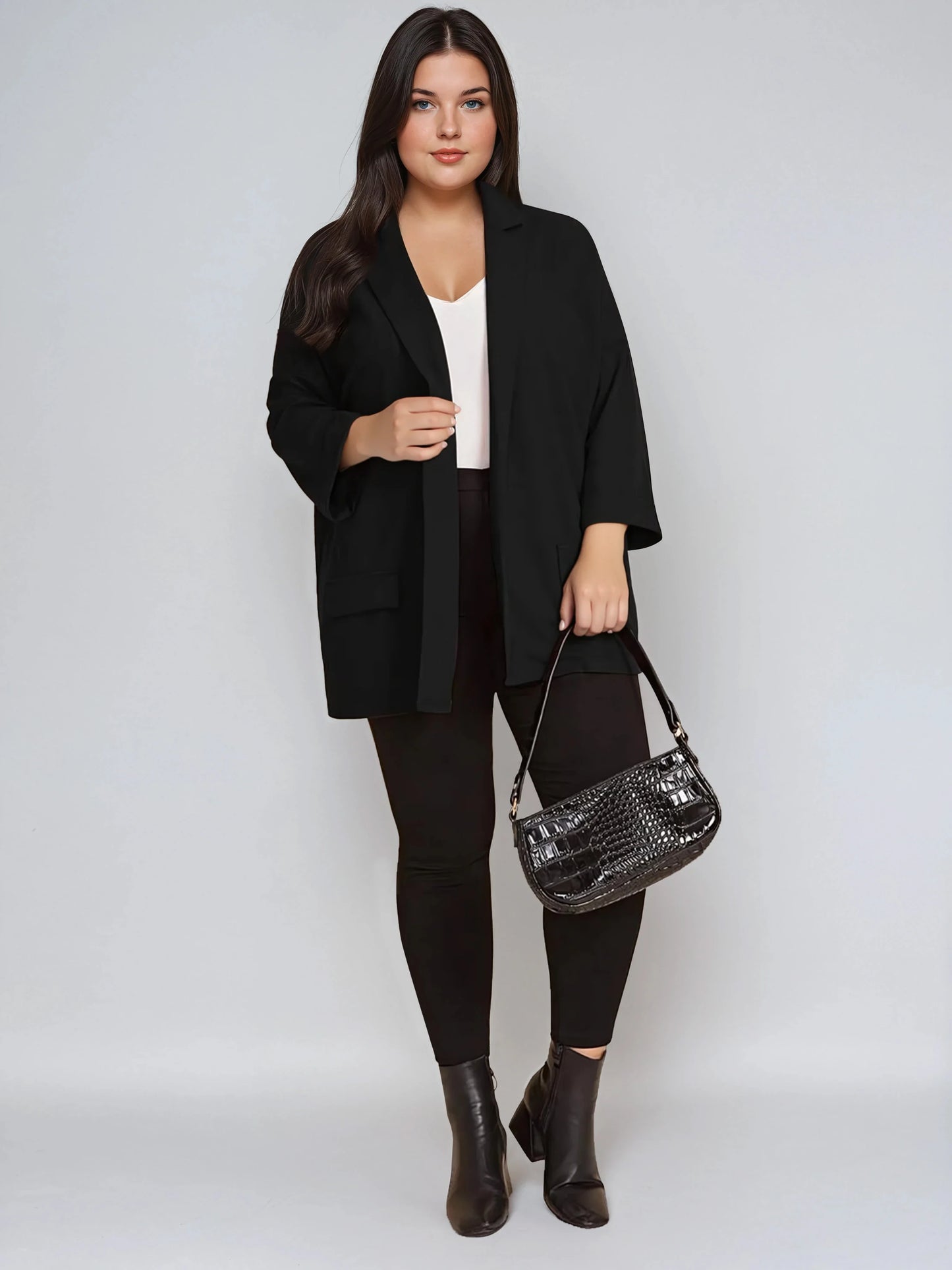 Plus Size Black Drop Shoulder Blazer With Cuffed Sleeves
