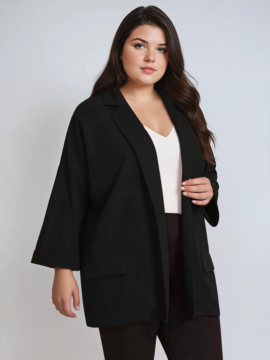 Plus Size Black Drop Shoulder Blazer With Cuffed Sleeves