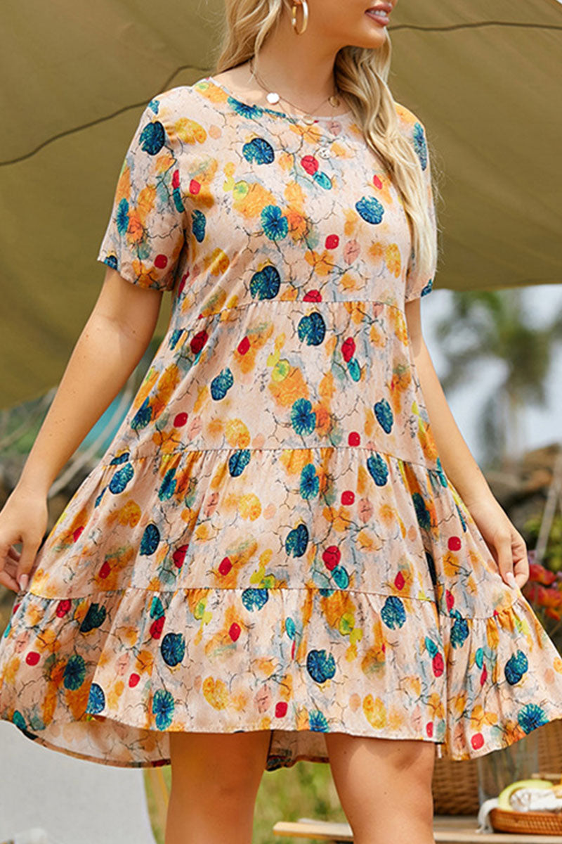 Fashion Casual Print Split Joint O Neck Princess Plus Size Dresses