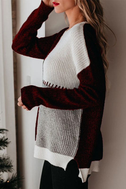 Casual Color Lump Split Joint O Neck Tops