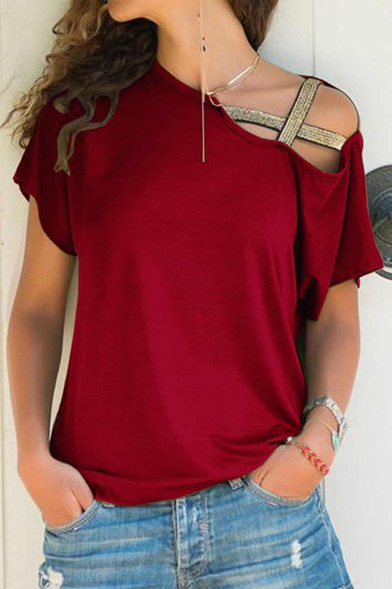 Casual Solid Split Joint Oblique Collar T-Shirts(7 Colors)