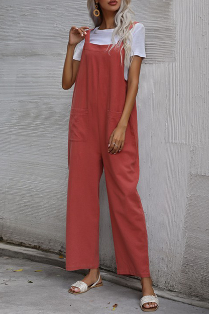 Casual Solid Pocket Buttons Straight Jumpsuits
