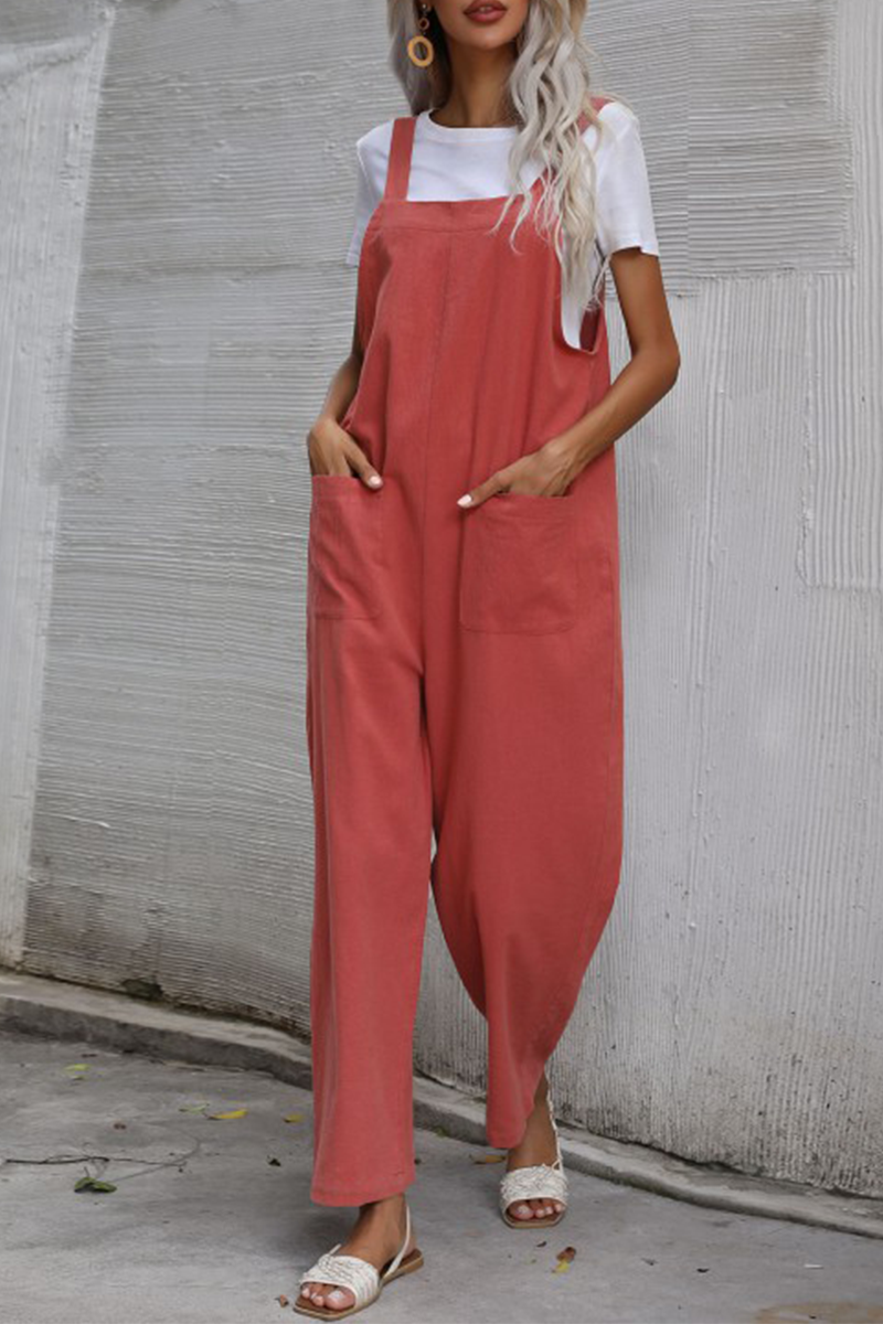 Casual Solid Pocket Buttons Straight Jumpsuits