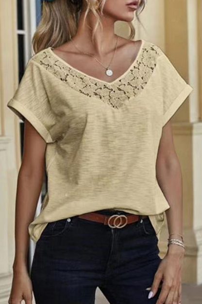 Casual Solid Lace Split Joint V Neck T-Shirts