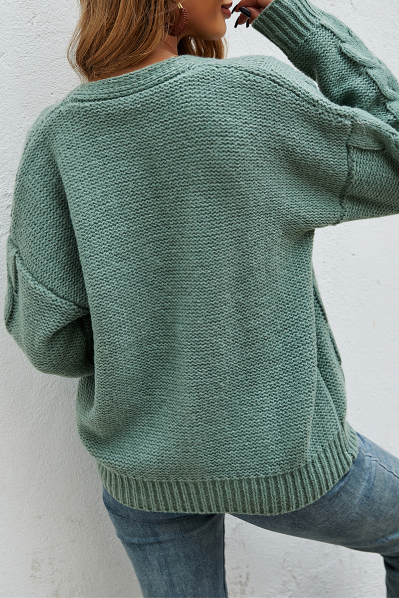 Casual Solid Buckle V Neck Tops Sweater