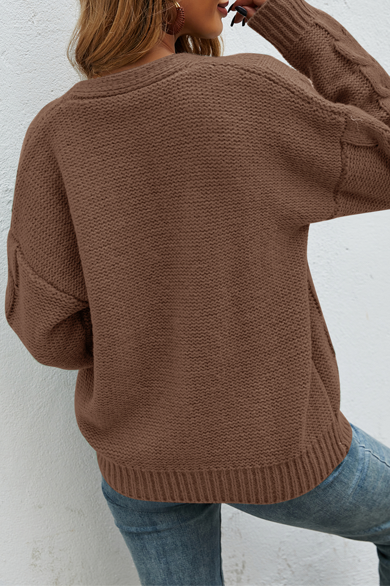 Casual Solid Buckle V Neck Tops Sweater