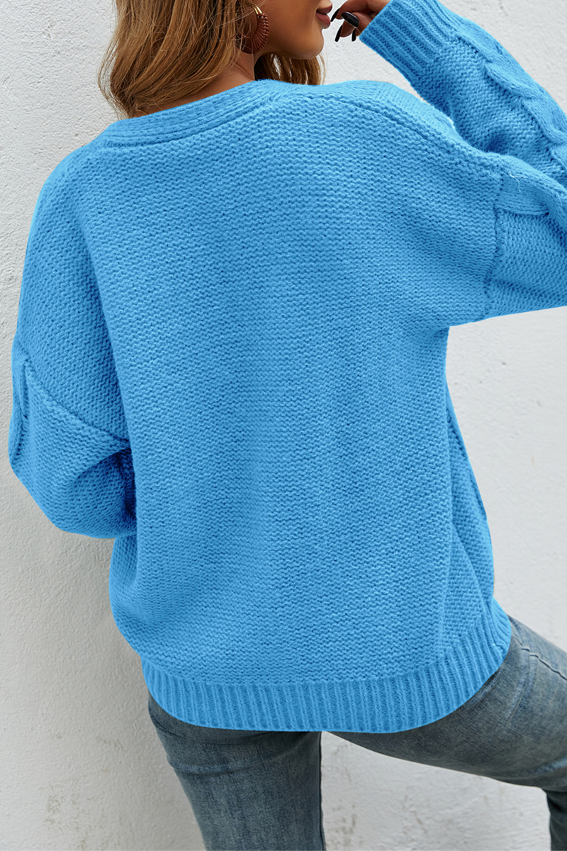 Casual Solid Buckle V Neck Tops Sweater