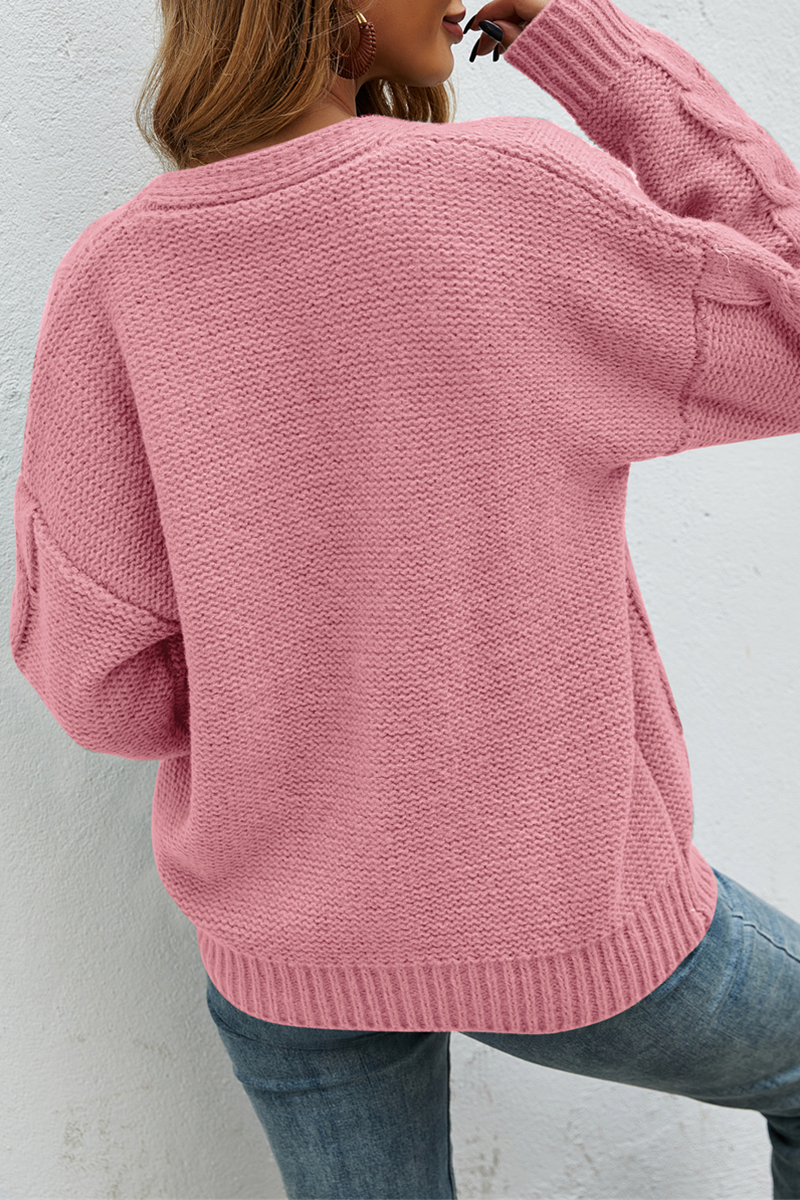 Casual Solid Buckle V Neck Tops Sweater