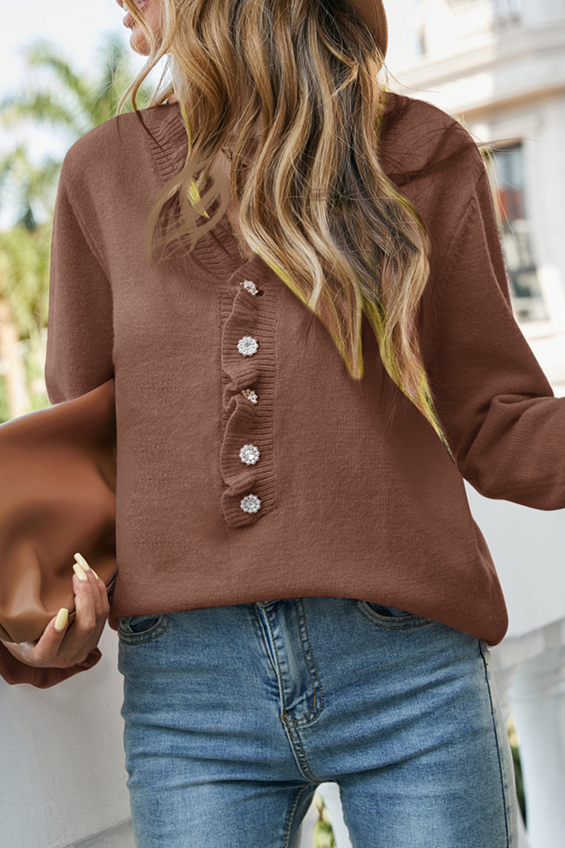 Casual Solid Patchwork Buckle V Neck Tops Sweater(8 Colors)