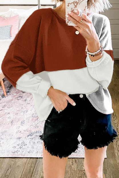 Casual Patchwork  Contrast O Neck Tops Sweater