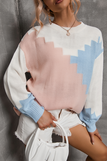 Casual Color Lump Contrast O Neck Tops Sweater