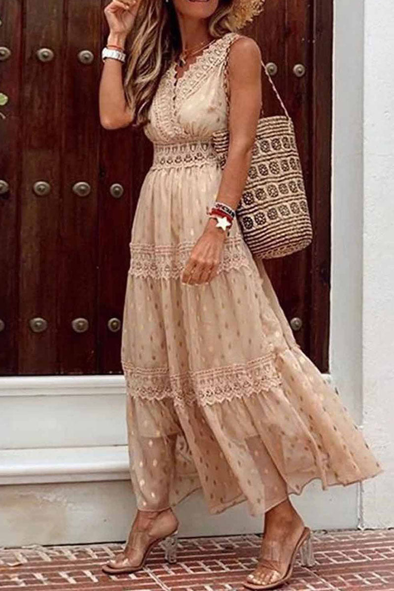 Fashion Solid Patchwork V Neck Cake Skirt Dresses(5 Colors)