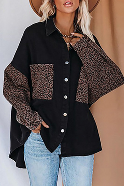 Casual Leopard Split Joint Buckle Turndown Collar Tops