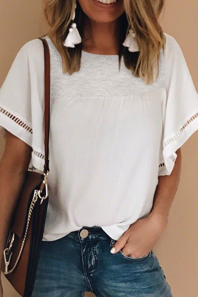 Casual Solid Lace Patchwork O Neck T-Shirts