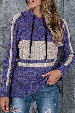 Casual Patchwork Draw String  Contrast Hooded Collar Tops