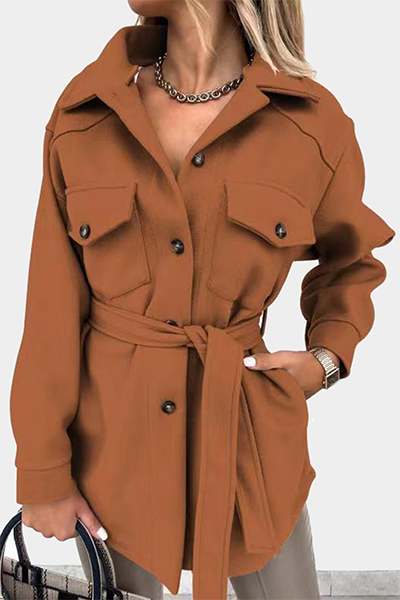 Casual Street Solid Buckle With Belt Turndown Collar Outerwear