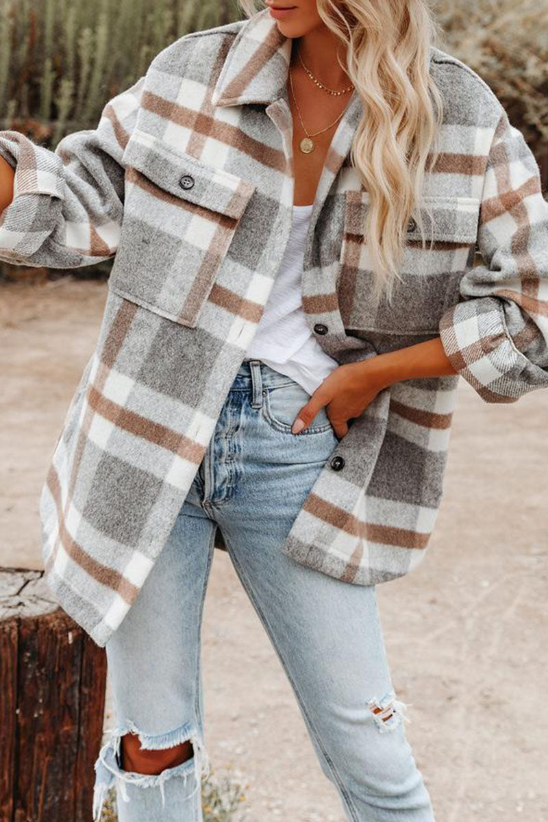 Fashion Plaid Turndown Collar Outerwear