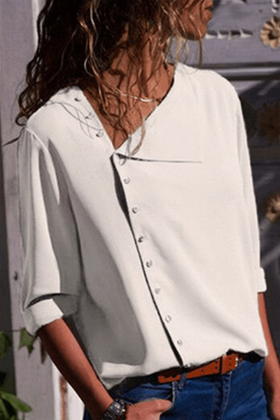 Elegant Solid Patchwork Buckle Oblique Collar Blouses(7 Colors)