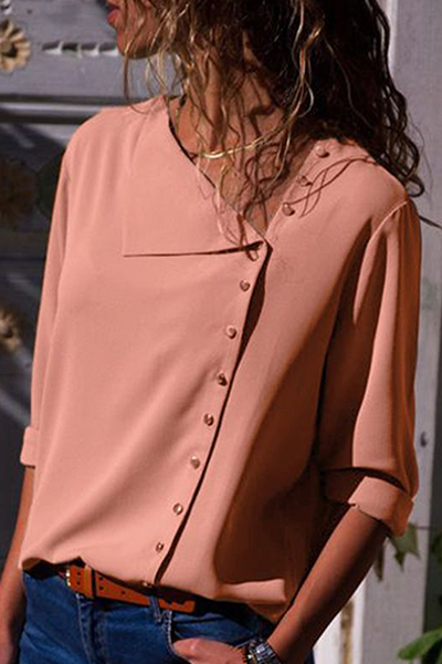 Elegant Solid Patchwork Buckle Oblique Collar Blouses(7 Colors)