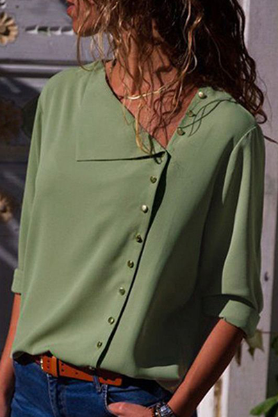 Elegant Solid Patchwork Buckle Oblique Collar Blouses(7 Colors)