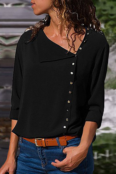 Elegant Solid Patchwork Buckle Oblique Collar Blouses(7 Colors)