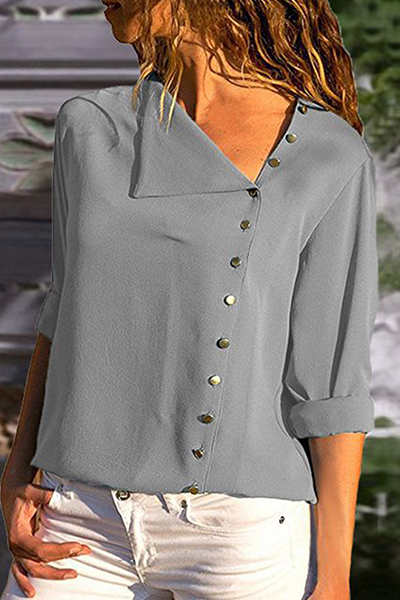 Elegant Solid Patchwork Buckle Oblique Collar Blouses(7 Colors)