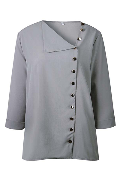 Elegant Solid Patchwork Buckle Oblique Collar Blouses(7 Colors)
