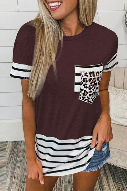 Casual Striped Leopard Split Joint Pocket O Neck T-Shirts(10 Colors)